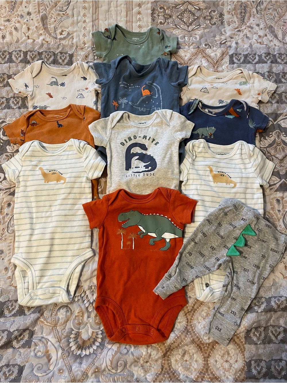 11pcs Printed Dino Graphic One-Piece Bodysuit Lot w/ Pants - Rust Orange Green
